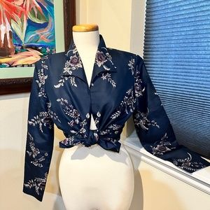 Dana Buckman  Navy Silk Shrug Jacket Embroidered w Purple Flowers - Size 6
